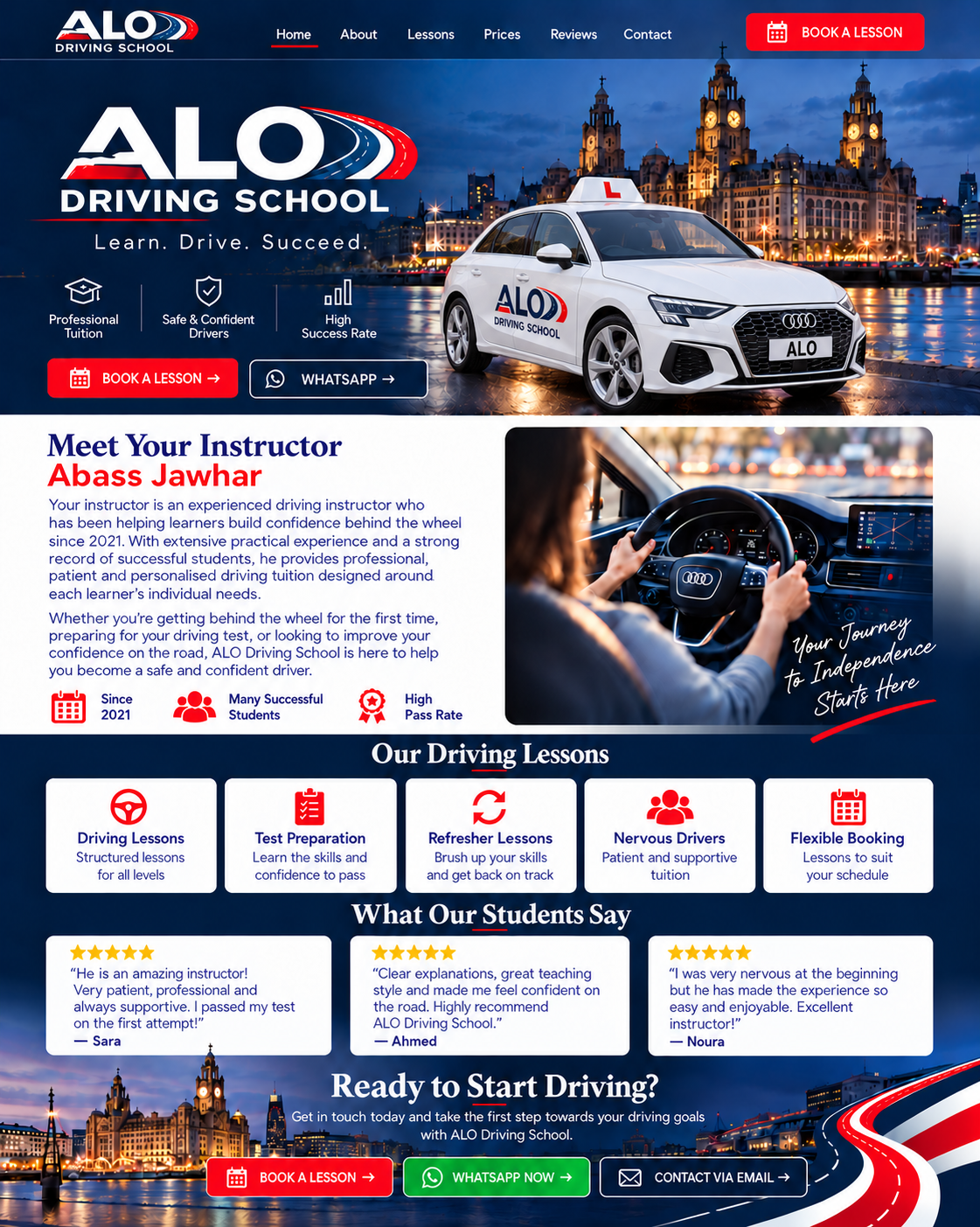 ALO Driving School in Liverpool, white Audi A3 learner car, instructor Abass Jawhar, lessons and contact options